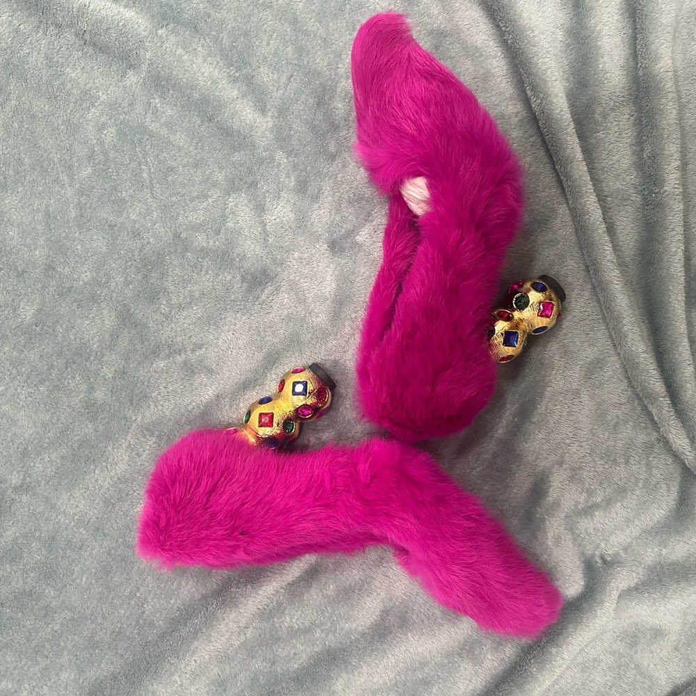 Fuchsia Faux Fur Heels with Jewel Accents